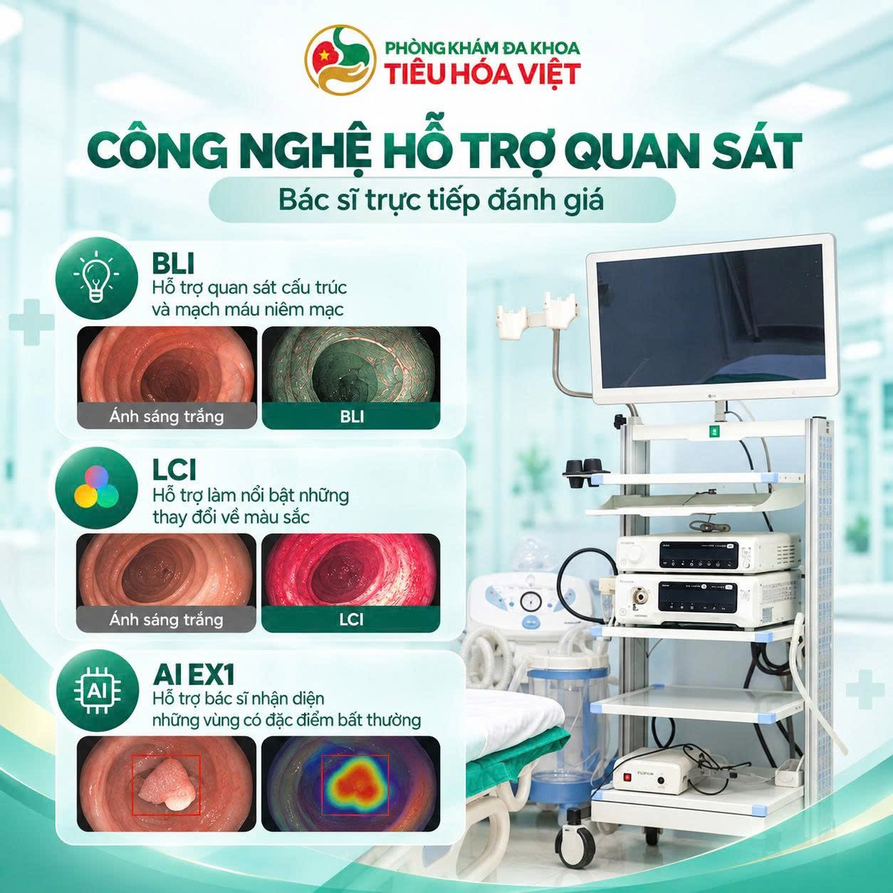 Công nghệ BLI hỗ trợ quan sát cấu trúc và mạch máu niêm mạc, LCI làm nổi bật sự khác biệt về màu sắc, trong khi AI EX1 hỗ trợ nhận diện vùng nghi ngờ bất thường. Bác sĩ vẫn là người trực tiếp đánh giá và đưa ra kết luận chuyên môn.
