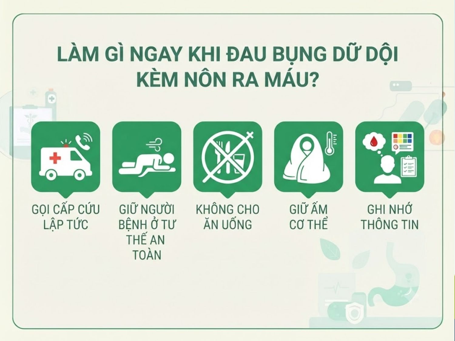 gọi cấp cứu lập tức, đặt bệnh nhân nằm nghiêng an toàn, không cho ăn uống, giữ ấm cơ thể và ghi nhớ chi tiết triệu chứng