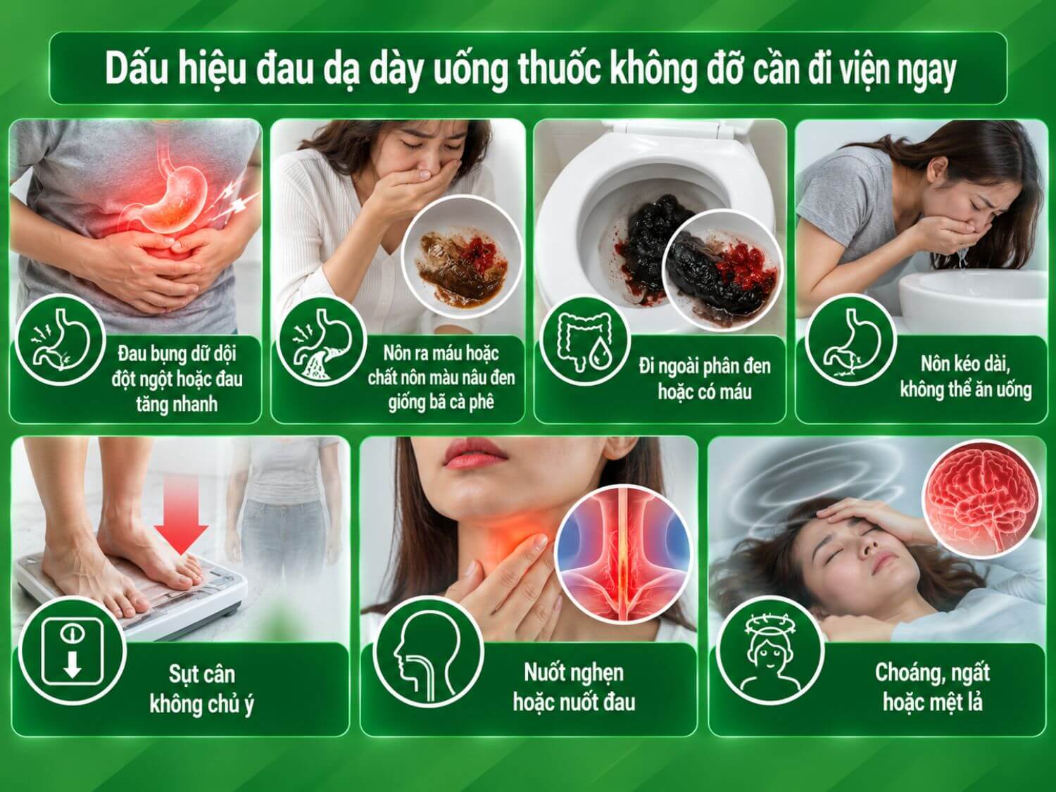 Cần đi khám ngay khi đau bụng dữ dội, nôn ra máu, đi ngoài phân đen, nôn kéo dài, sụt cân, nuốt nghẹn hoặc xuất hiện choáng, ngất, mệt lả.