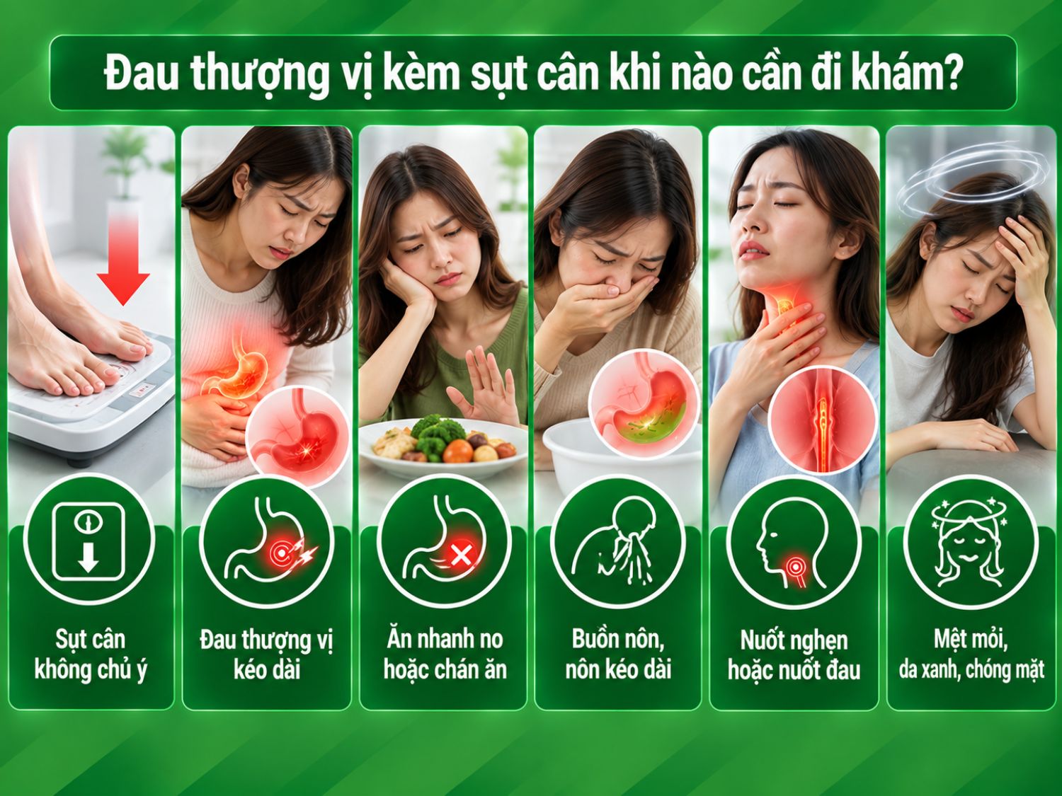 Nên đi khám khi sụt cân không chủ ý kèm đau thượng vị kéo dài, nhanh no, chán ăn, buồn nôn, nuốt nghẹn, mệt mỏi hoặc chóng mặt.