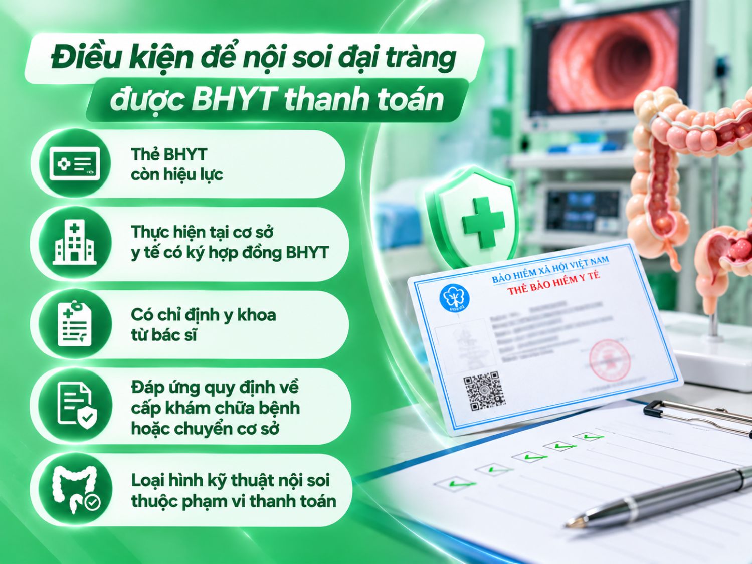Nội soi đại tràng có thể được BHYT thanh toán khi người bệnh đáp ứng các điều kiện về thẻ bảo hiểm, cơ sở thực hiện, chỉ định y khoa và phạm vi chi trả theo quy định.