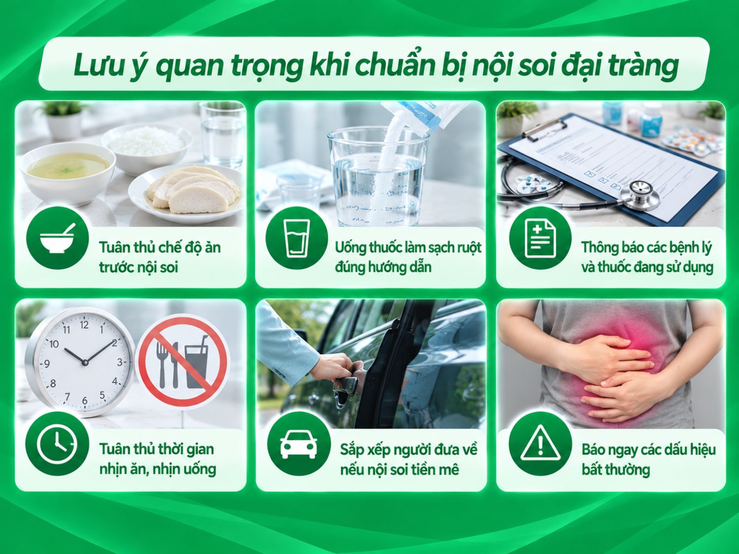 Trước khi nội soi đại tràng, người bệnh cần tuân thủ hướng dẫn ăn uống, làm sạch ruột, cung cấp thông tin sức khỏe và chuẩn bị người đưa về nếu nội soi có gây mê để đảm bảo an toàn và hỗ trợ quá trình thăm khám.