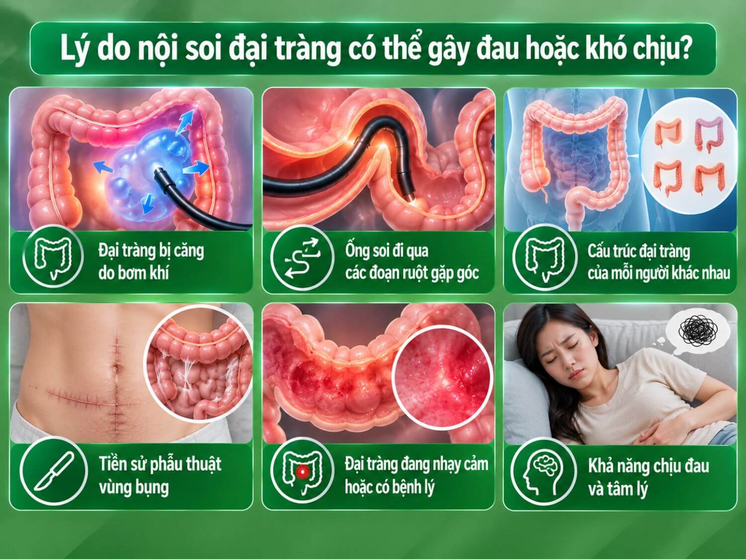 Cảm giác đau hoặc khó chịu khi nội soi có thể liên quan đến bơm khí làm căng đại tràng, ống soi đi qua đoạn ruột gập góc, cấu trúc đại tràng, tiền sử phẫu thuật, bệnh lý và khả năng chịu đau của mỗi người.