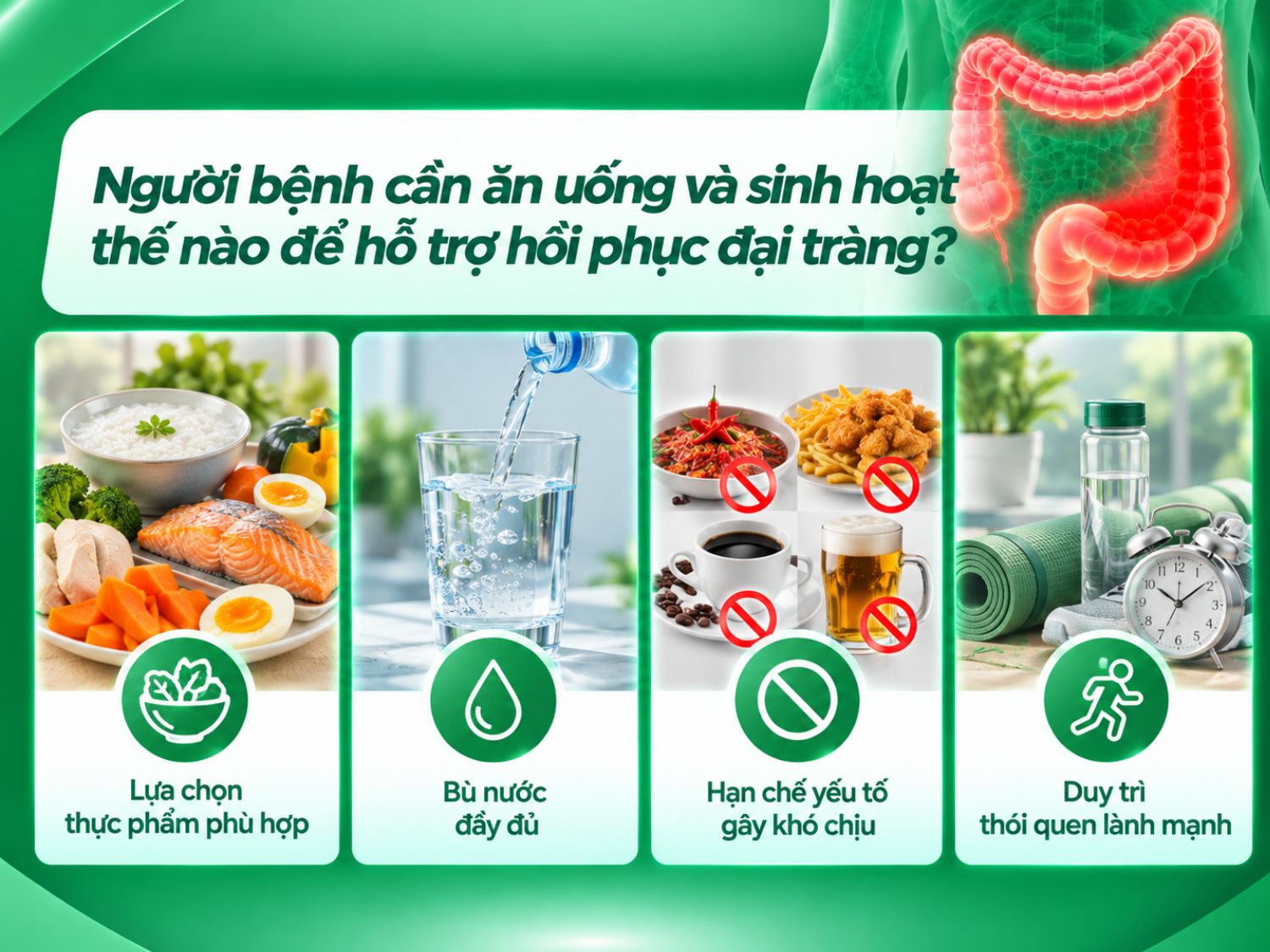 Người bị viêm đại tràng nên lựa chọn thực phẩm dễ dung nạp, uống đủ nước và hạn chế những món ăn, đồ uống làm triệu chứng trở nên nghiêm trọng hơn. Đồng thời, cần duy trì chế độ sinh hoạt điều độ, nghỉ ngơi hợp lý và vận động phù hợp để hỗ trợ quá trình hồi phục và kiểm soát bệnh lâu dài.