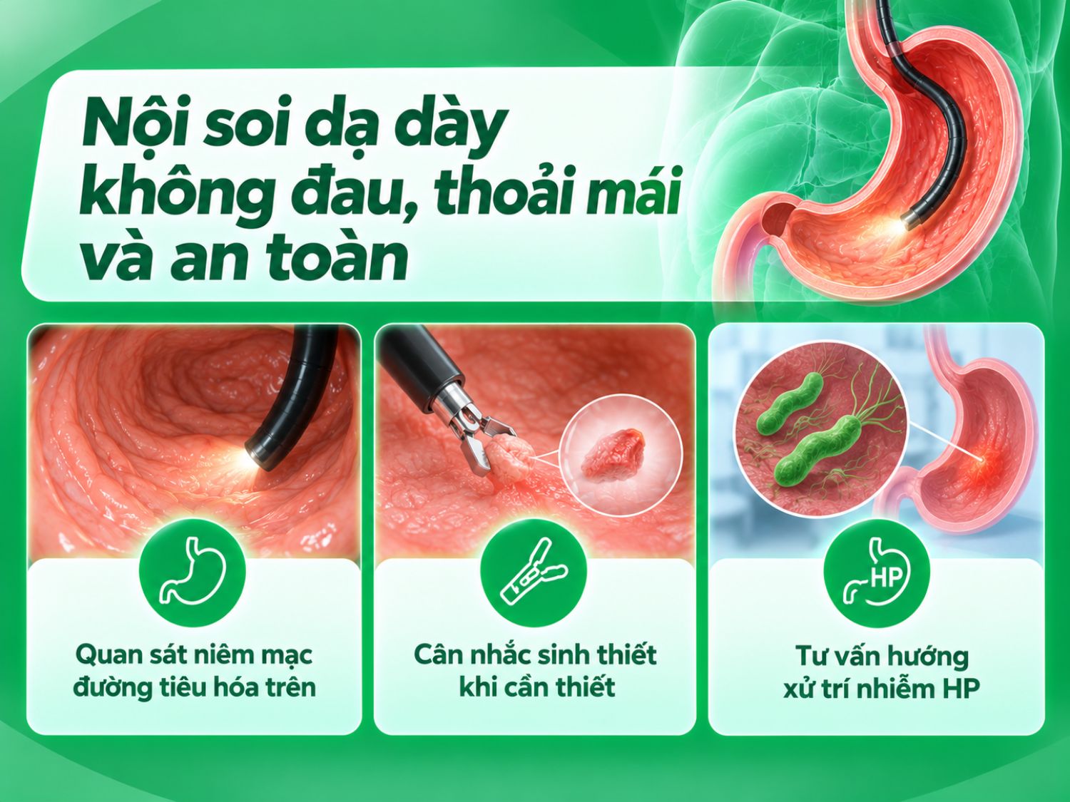 Nội soi dạ dày giúp bác sĩ quan sát trực tiếp niêm mạc đường tiêu hóa trên, phát hiện các bất thường và lấy mẫu sinh thiết khi có chỉ định. Kết quả thăm khám hỗ trợ bác sĩ tư vấn hướng xử trí phù hợp, bao gồm trường hợp nhiễm vi khuẩn HP.