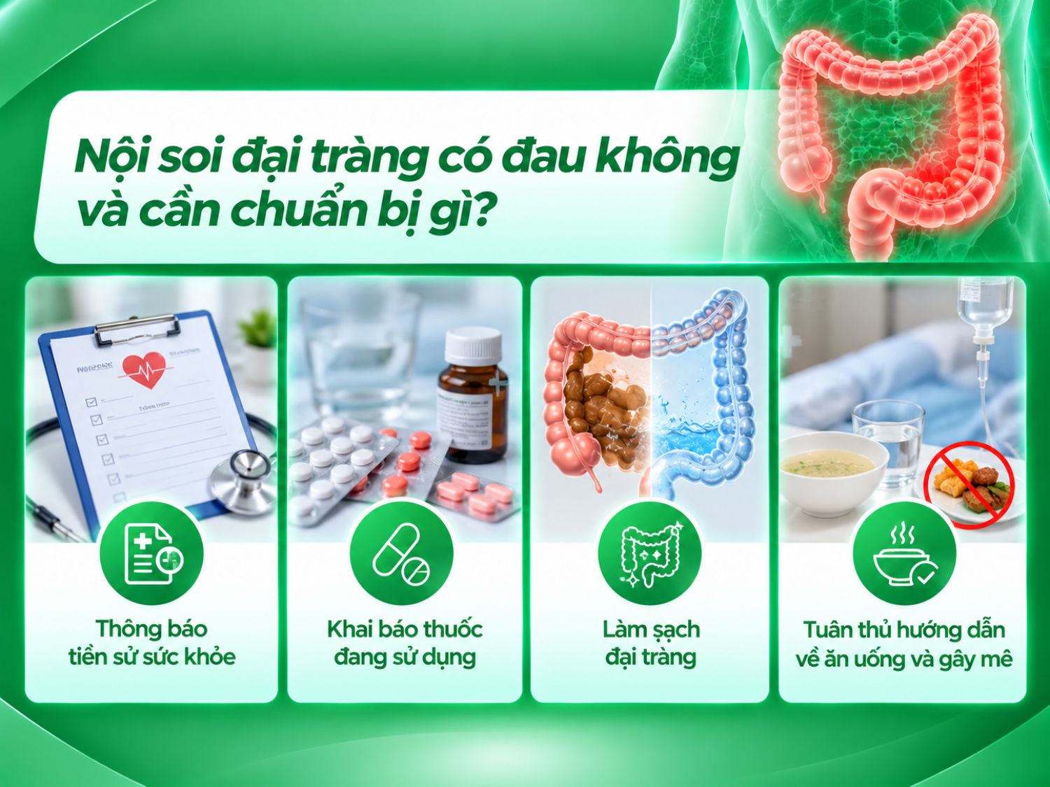 Nội soi đại tràng thường có thể gây cảm giác căng tức hoặc khó chịu, trong khi nội soi có gây mê giúp người bệnh ít cảm nhận đau trong quá trình thực hiện. Trước khi nội soi, người bệnh cần cung cấp đầy đủ tiền sử bệnh, thuốc đang sử dụng, làm sạch đại tràng và tuân thủ hướng dẫn ăn uống, gây mê của cơ sở y tế để hỗ trợ quá trình kiểm tra an toàn, hiệu quả.