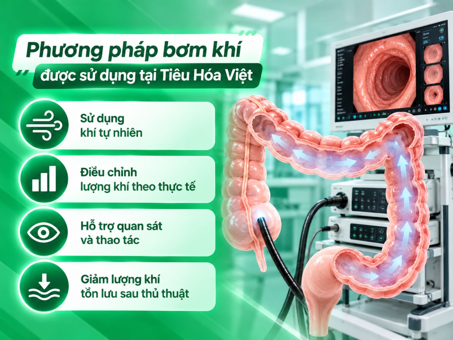 Tiêu Hóa Việt sử dụng khí tự nhiên trong nội soi đại tràng, điều chỉnh lượng khí theo thực tế để hỗ trợ quan sát, thao tác và hạn chế khí tồn lưu sau thủ thuật.