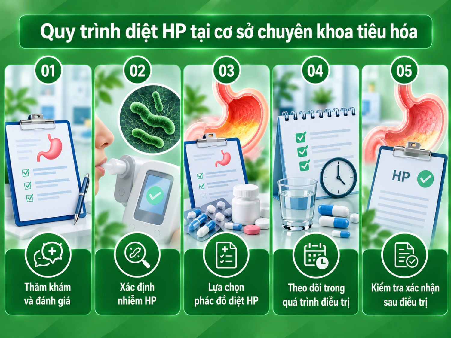 Quy trình điều trị HP thường gồm thăm khám, xác định nhiễm HP, lựa chọn phác đồ phù hợp, theo dõi trong quá trình điều trị và kiểm tra xác nhận sau khi kết thúc thuốc.
