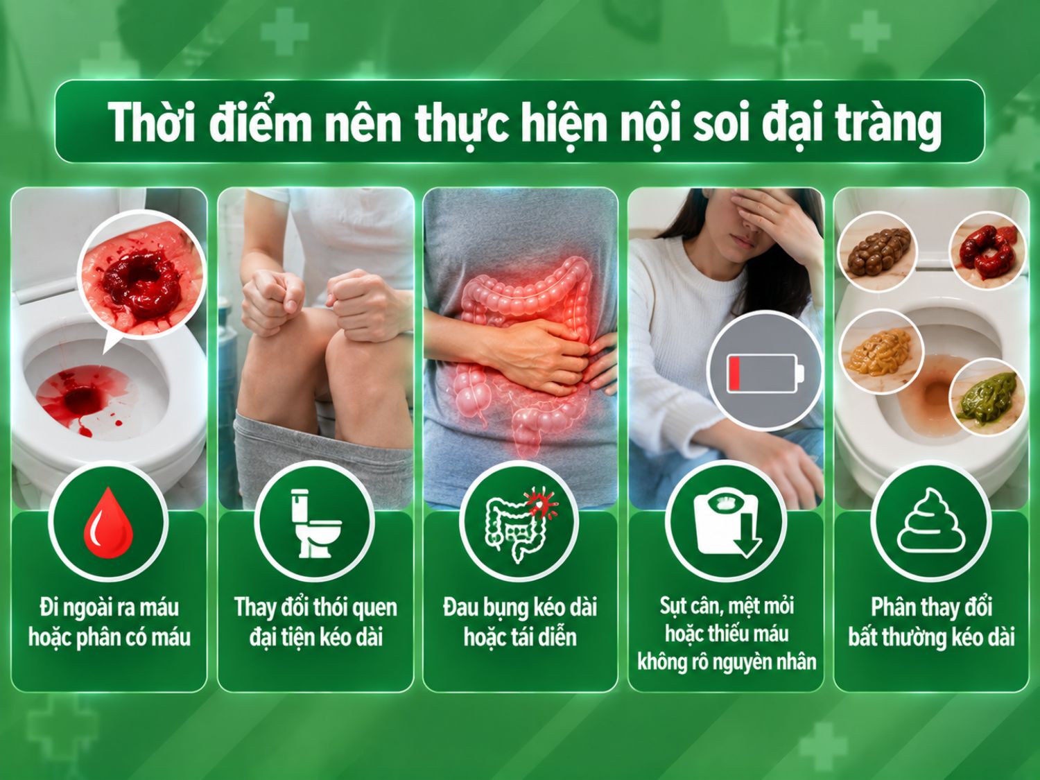 Nên thăm khám và cân nhắc nội soi đại tràng khi có các dấu hiệu như đi ngoài ra máu, thay đổi thói quen đại tiện kéo dài, đau bụng tái diễn, sụt cân, thiếu máu hoặc phân thay đổi bất thường.