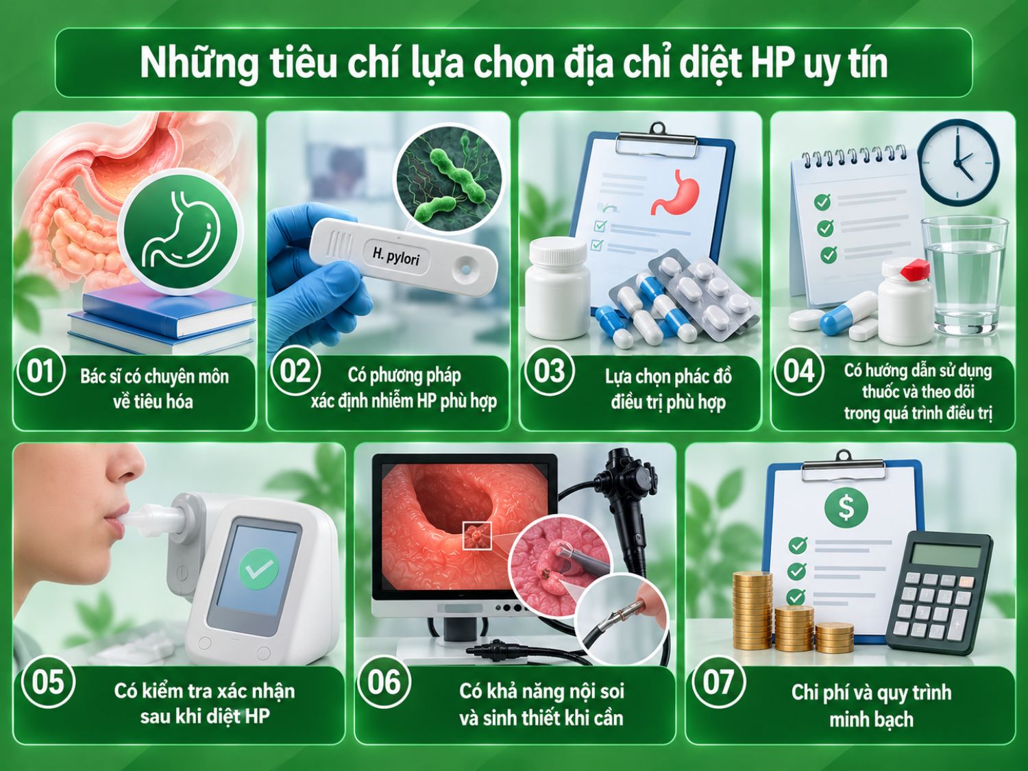 Địa chỉ điều trị HP nên có bác sĩ chuyên khoa tiêu hóa, phương pháp chẩn đoán phù hợp, phác đồ điều trị rõ ràng, theo dõi trong quá trình dùng thuốc và kiểm tra xác nhận sau điều trị.