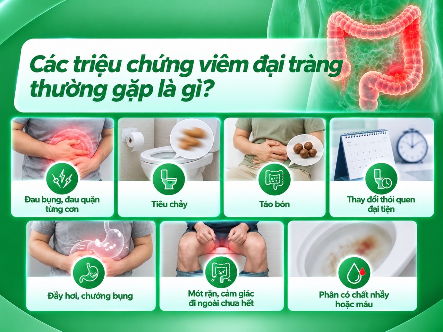 Viêm đại tràng có thể gây đau bụng, rối loạn đại tiện, đầy hơi, mót rặn hoặc đi ngoài có chất nhầy, máu. Khi các triệu chứng kéo dài hoặc tái phát nhiều lần, người bệnh nên thăm khám chuyên khoa tiêu hóa để xác định nguyên nhân.