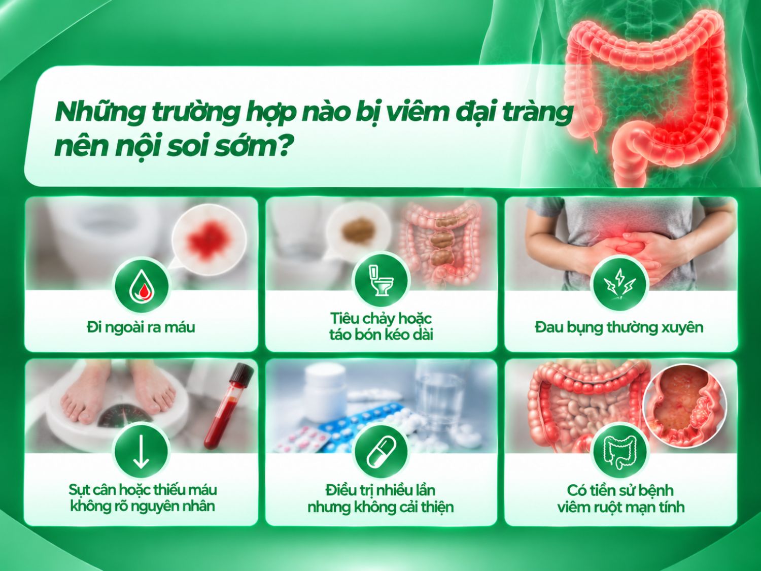 Người có triệu chứng đi ngoài ra máu, rối loạn đại tiện kéo dài, đau bụng tái diễn, sụt cân hoặc thiếu máu không rõ nguyên nhân nên thăm khám chuyên khoa tiêu hóa. Bác sĩ sẽ đánh giá tình trạng bệnh và cân nhắc chỉ định nội soi đại tràng để phát hiện tổn thương, xác định nguyên nhân và lựa chọn hướng điều trị phù hợp.