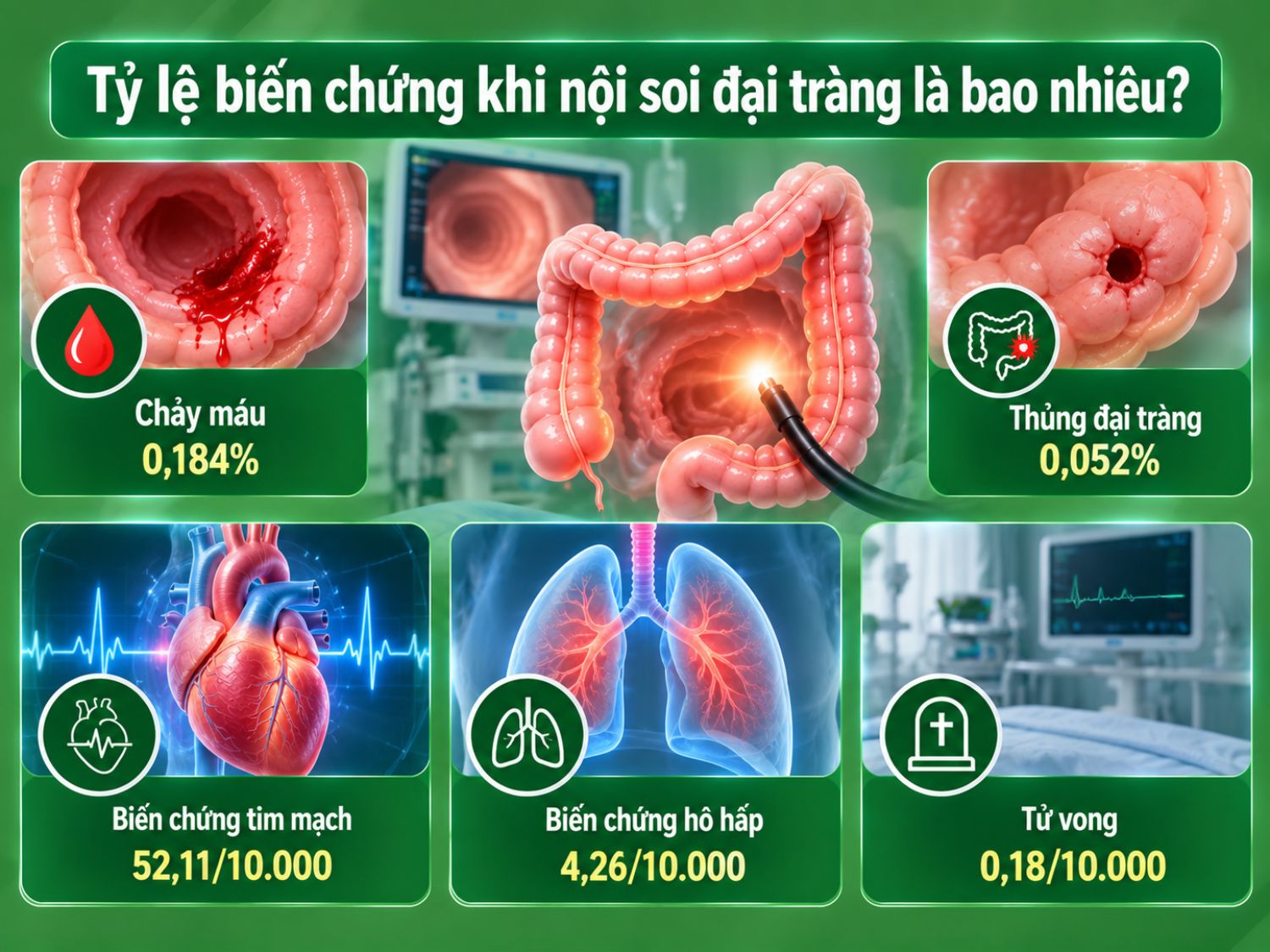 Các biến chứng sau nội soi đại tràng nhìn chung ít gặp, có thể bao gồm chảy máu, thủng đại tràng, biến chứng tim mạch, hô hấp và rất hiếm khi tử vong.