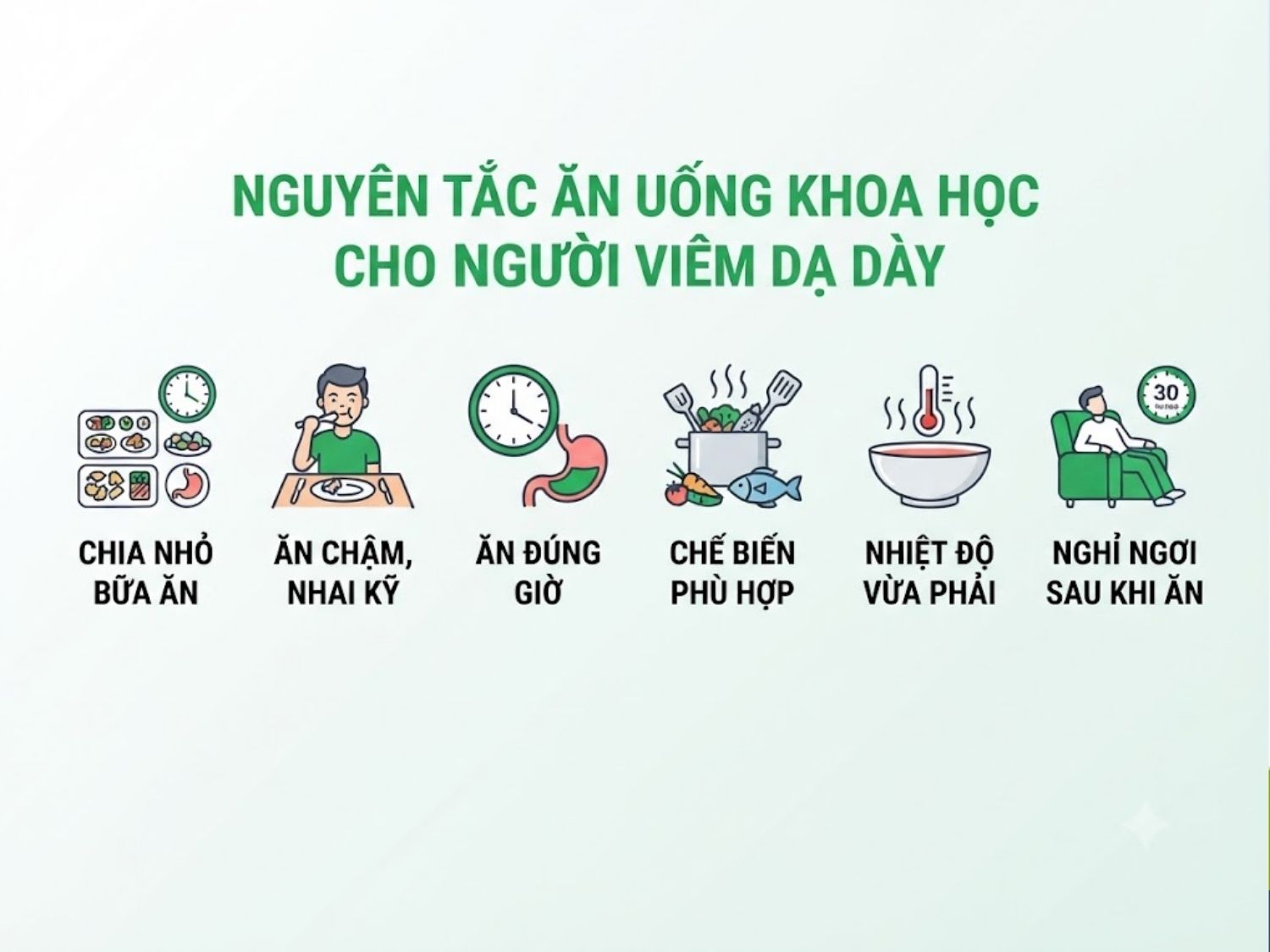 chia nhỏ bữa ăn, ăn chậm nhai kỹ, ăn đúng giờ, chọn phương pháp chế biến nhẹ nhàng khi bị viêm dạ dày