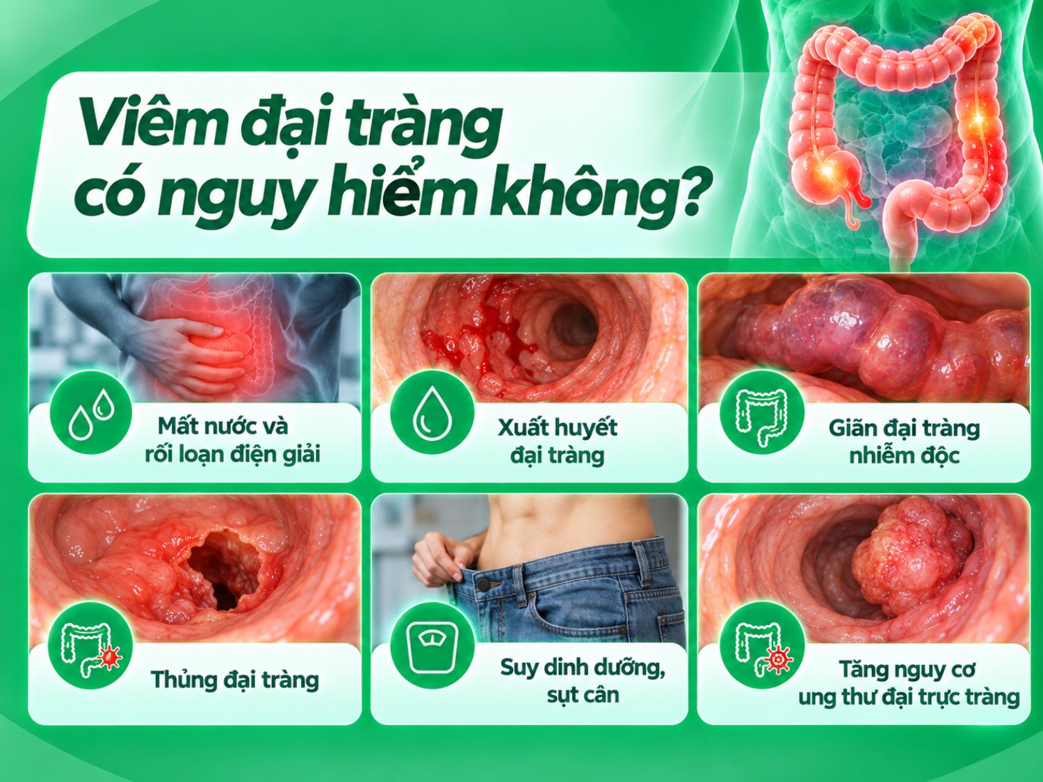 Viêm đại tràng có thể gây mất nước, xuất huyết, suy dinh dưỡng và những biến chứng nghiêm trọng như giãn đại tràng nhiễm độc hoặc thủng đại tràng. Một số bệnh lý viêm đại tràng mạn tính, đặc biệt là viêm loét đại tràng kéo dài, còn làm tăng nguy cơ ung thư đại trực tràng. Người bệnh cần được thăm khám và theo dõi phù hợp để hạn chế biến chứng.