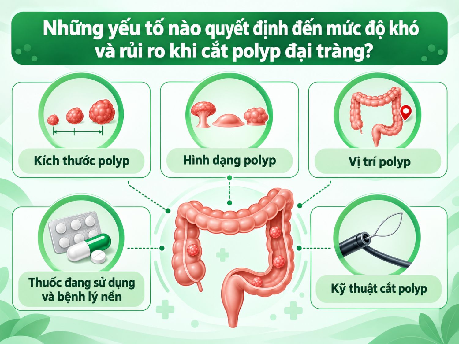 Những yếu tố như kích thước, hình dạng, vị trí polyp, bệnh lý nền và kỹ thuật thực hiện có thể ảnh hưởng đến mức độ khó cũng như rủi ro khi cắt polyp đại tràng.