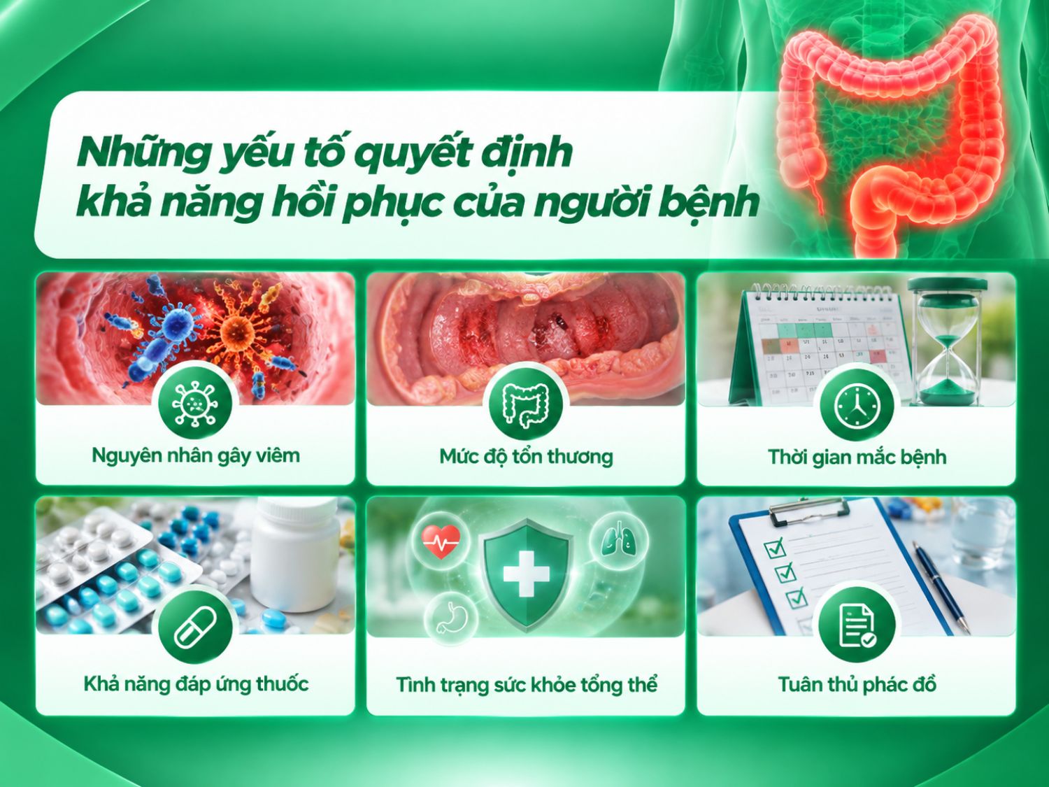 Khả năng hồi phục của người bị viêm đại tràng phụ thuộc vào nguyên nhân gây bệnh, mức độ tổn thương, thời gian mắc bệnh và khả năng đáp ứng điều trị. Việc tuân thủ phác đồ, tái khám đúng lịch và duy trì sức khỏe tổng thể góp phần kiểm soát triệu chứng, hạn chế nguy cơ biến chứng.